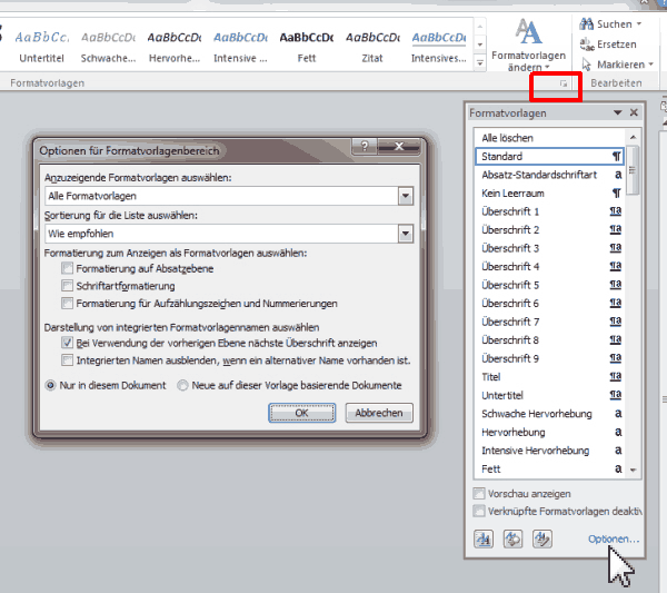 Optionen für Formatvorlagenbereich