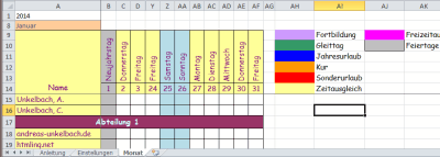 Tabellenblatt Monat - Monatsblattansicht Januar 2014