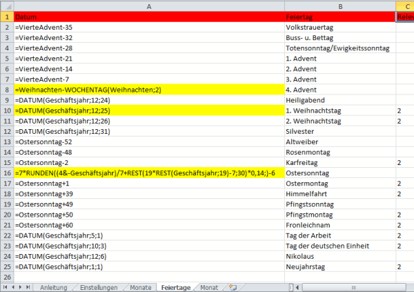 Tabellenblatt Feiertage