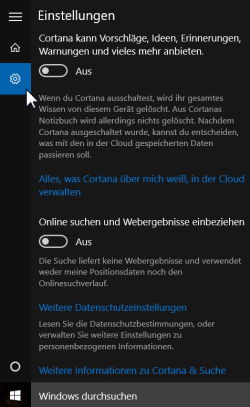 Deaktivieren der Websuche sowie Cortana