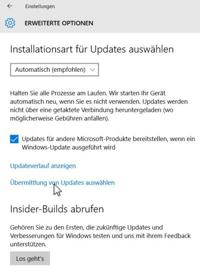 Option �bermittlung von Updates ausw�hlen