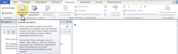 Winword Ribbon Sendungen - Befehlsgruppe Seriendruck starten