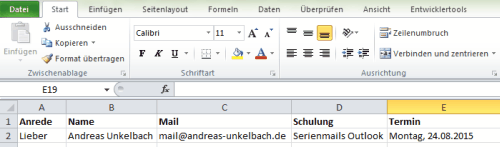 Excel Tabelle mit Serienmaildaten