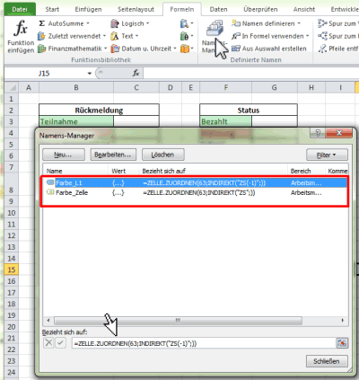 Namensmanager mit EXCEL4-Makrofunktion zur Bestimmung der Farbwerte der Hintergrundfarbe