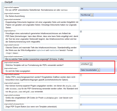 Plugin dw2pdf template - Welches Template soll zur Formatierung der PDFs verwendet werden?