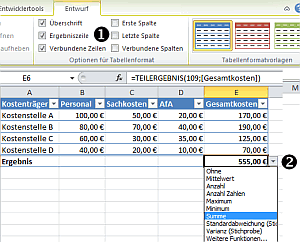 Teilergebnis als Ergebniszeile