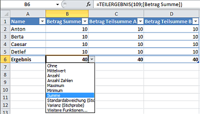 Ergebniszeile mit Teilergebnis