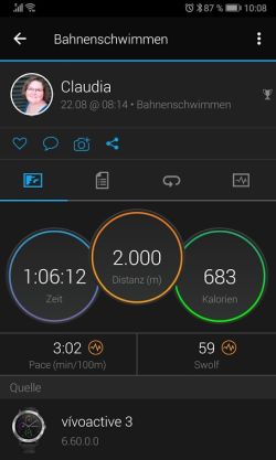 Summe Training Schwimmen nach Zeit, Distanz, Pace(min/100m) etc.