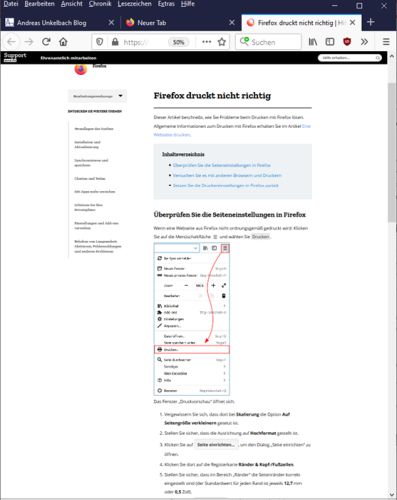 Onlinehilfe von Firefox um Thema Firefox druckt nicht richtig