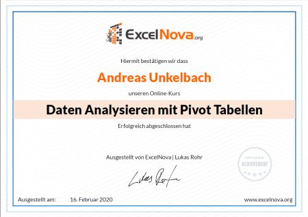 Zertifikat Daten Analysieren mit Pivot Tabellen