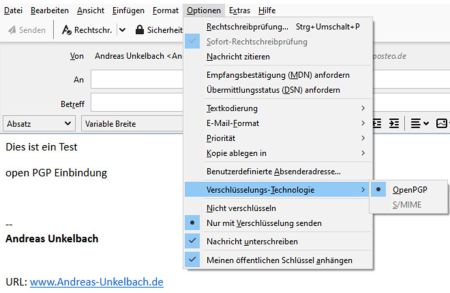 Opionen - Nachricht unterschreiben / nur mit Verschluesselung senden Opionen - Nachricht unterschreiben / nur mit Verschluesselung senden