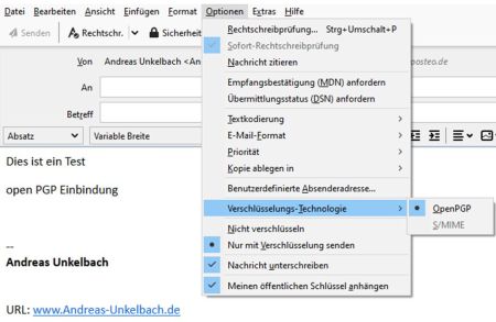 Opionen - Nachricht unterschreiben / nur mit Verschluesselung senden 