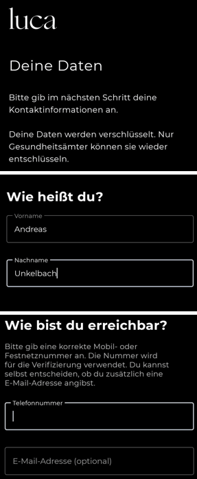 Luca App - Deine Daten Kontaktdaten