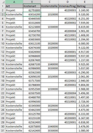 Bericht mit Kostenart, Kostenstelle und Innenauftrag sowqie Betrag