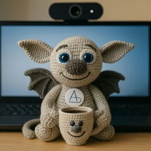 Ein gehaekelter Gargoyle namens Gideon sitzt vor einem Laptop, der Bildschirm zeigt eine offener Webcam-Anwendung. Gideon hat ein Sticker mit dem Logo an der Brust von Andreas Unkelbach und eine ebenfalls gehaekelte Tasse Kaffee vor sich.