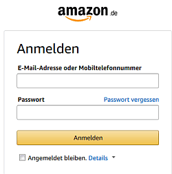 Anmeldung auf Amazon mit Mail und Passwort