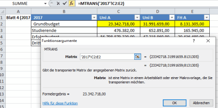 Funktion MTRANS Matrix selektieren