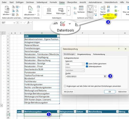 Datentools zur Auswahlliste der Kategorien